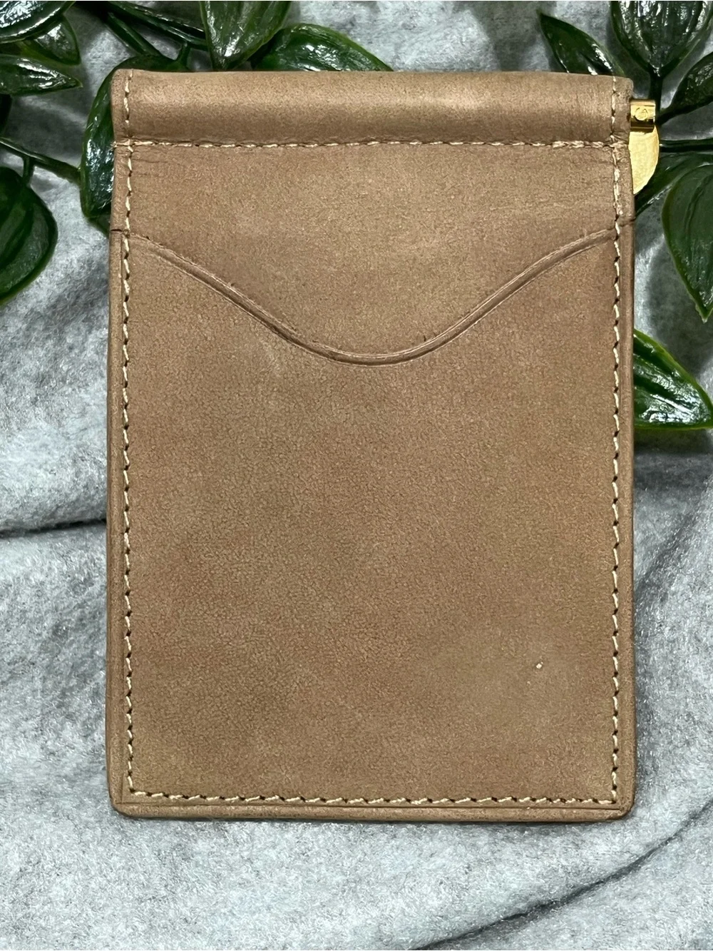 Brown Leather Money Clip Whitetail Card Wallet with Stamped Stag Design
